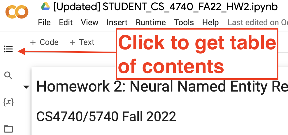 where to click to get table of contents for a notebook in Colab